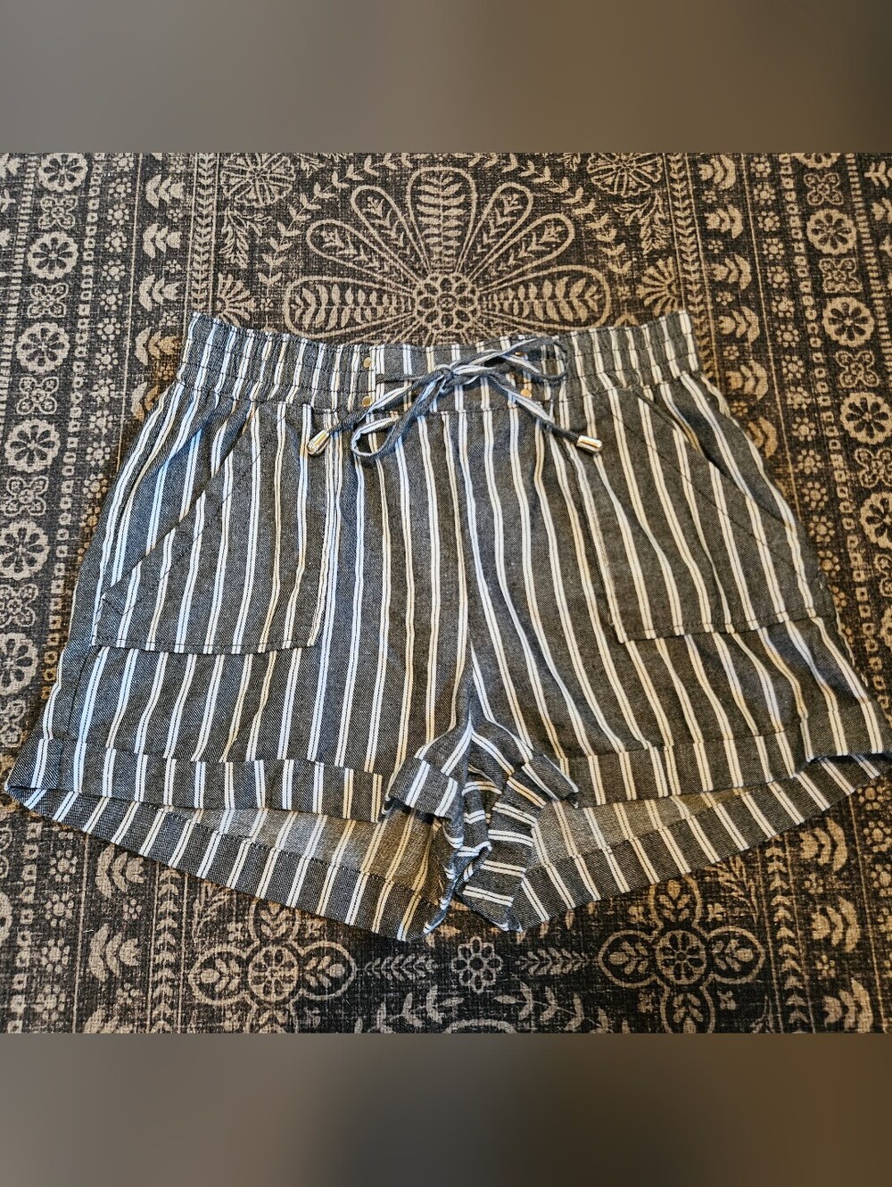 Ci Sono Linen Collection Gray and White Striped High-Waist Drawstring Shorts